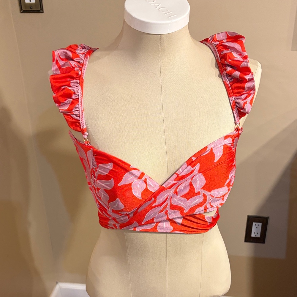 PatBO Red & Pink Floral Ruffle Strap bikini